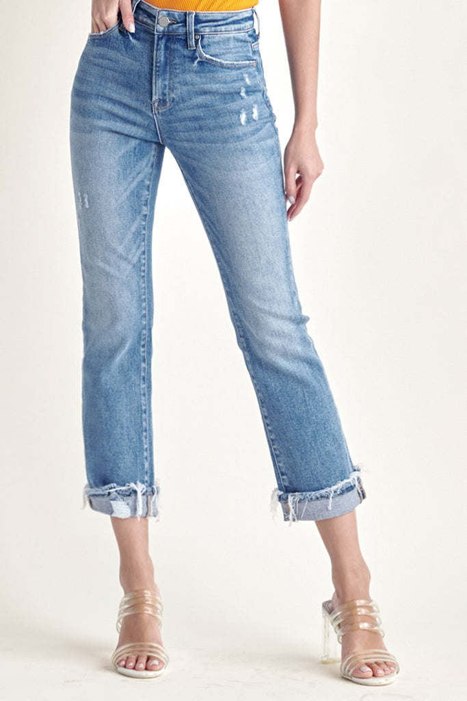 Kyra Mid Rise Cuffed Straight Jeans