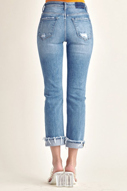 Back View - Kyra Mid Rise Cuffed Straight Jeans