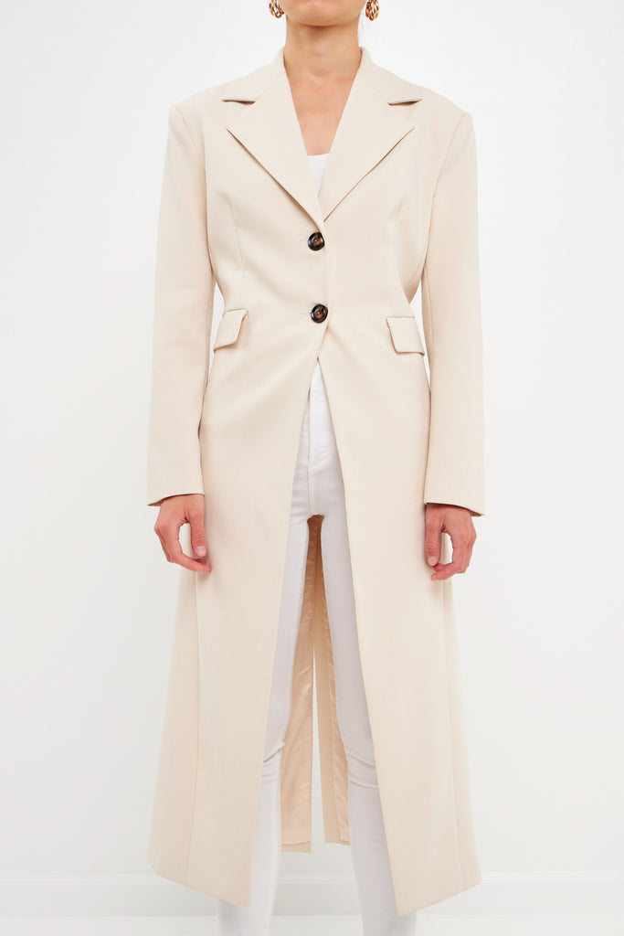 Buttons on Cream Front Slit Long Blazer