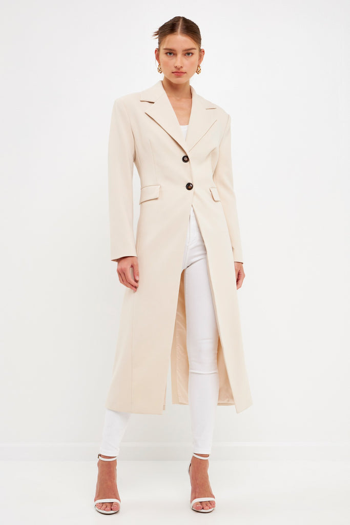 Cream Front Slit Long Blazer