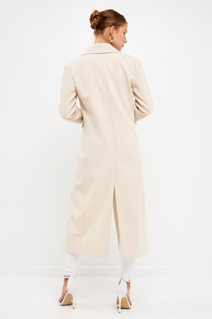 Back View - Cream Front Slit Long Blazer