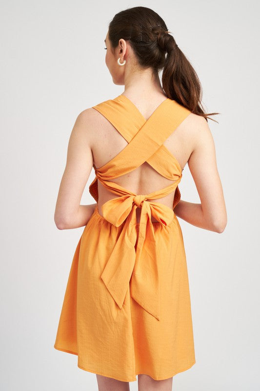 Back View - Orange Tie Back Smocked Mini Dress