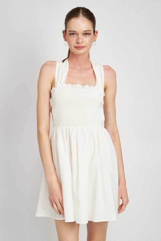 White Tie Back Smocked Mini Dress