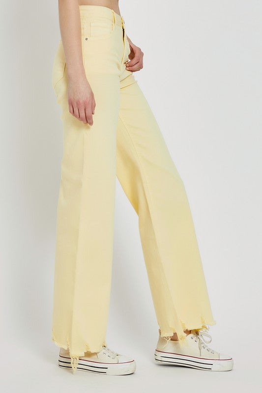 side view - Pale Yellow High Rise Wide Jeans