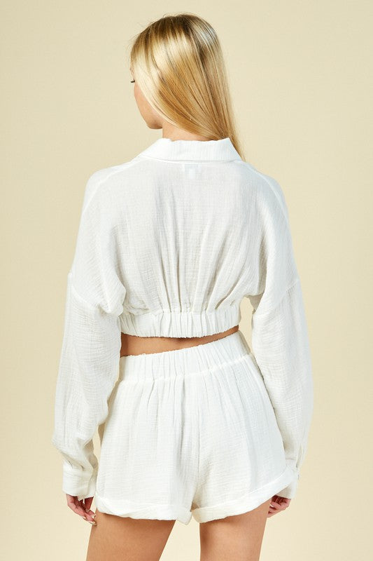 back view - Off White Cropped Wrap Top