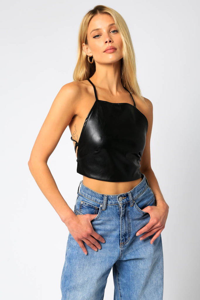 Black Pleather Back Cross Tie Top