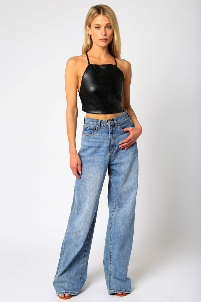 Black Pleather Back Cross Tie Top with Jeans