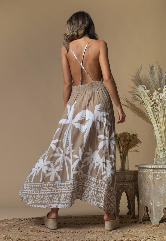 Back View - Beige Jungle Tribe Maxi Dress
