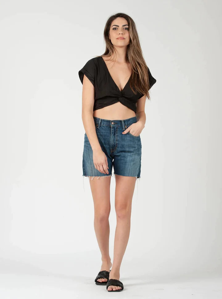 Black Front Knotted Drape Crop Top