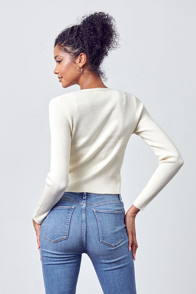 Back View - Ribbed Knit Cardigan Cream