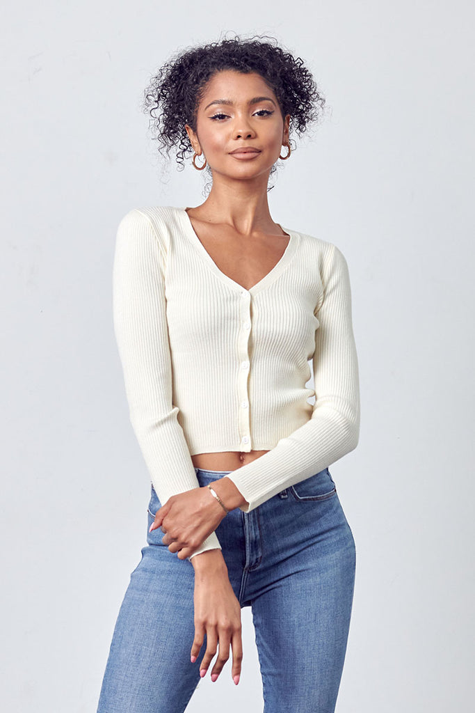 Ribbed Knit Cardigan Cream with Jeans