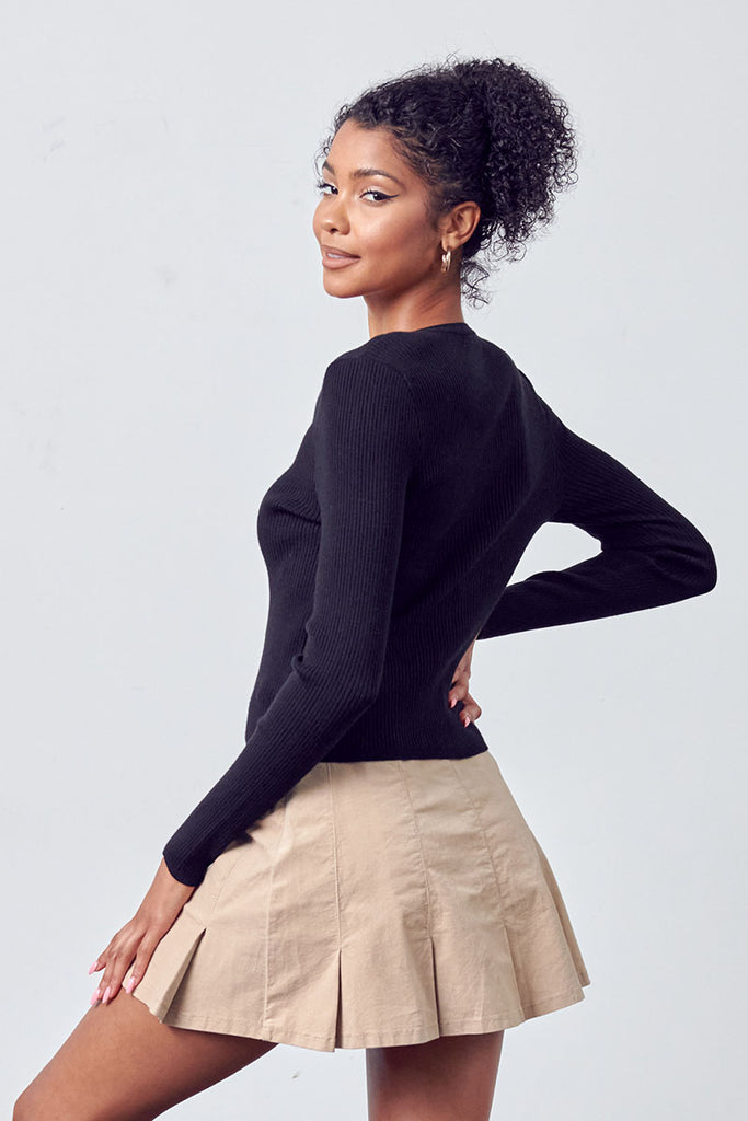 Back View - Ribbed Knit Cardigan Black