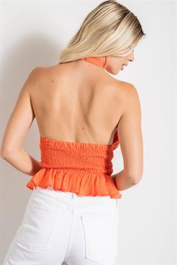 Back View - Orange Halter Crop Top with Tie Back