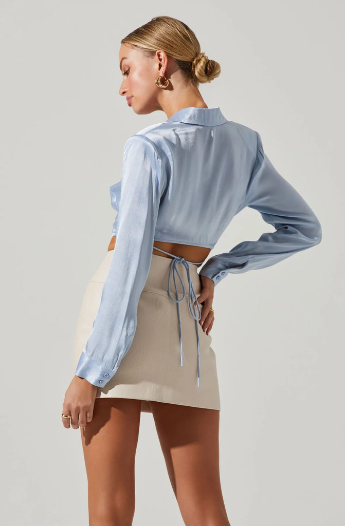 Back View - Delphi Blue Satin Wrapped Top