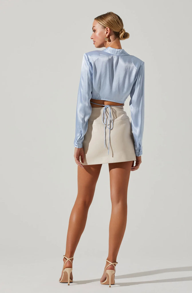 Back of Delphi Blue Satin Wrapped Top