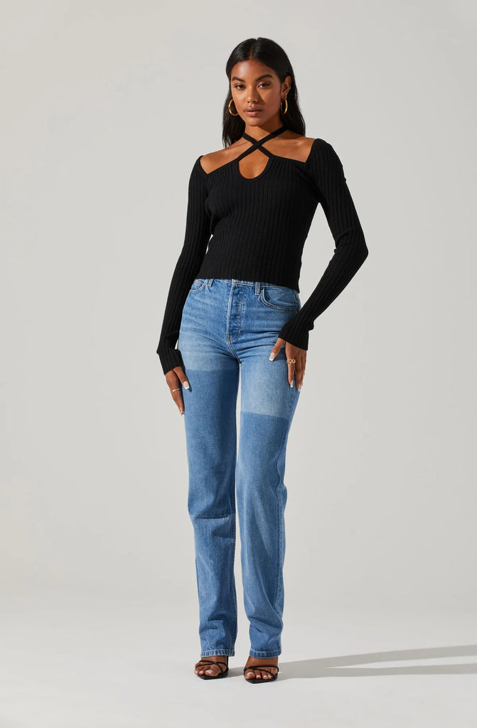 Black Criss Cross Long Sleeve Ribbed Sweater with Jeans