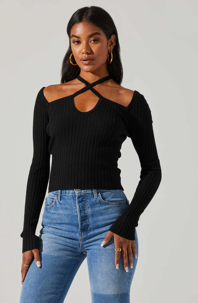 Black Criss Cross Long Sleeve Ribbed Sweater