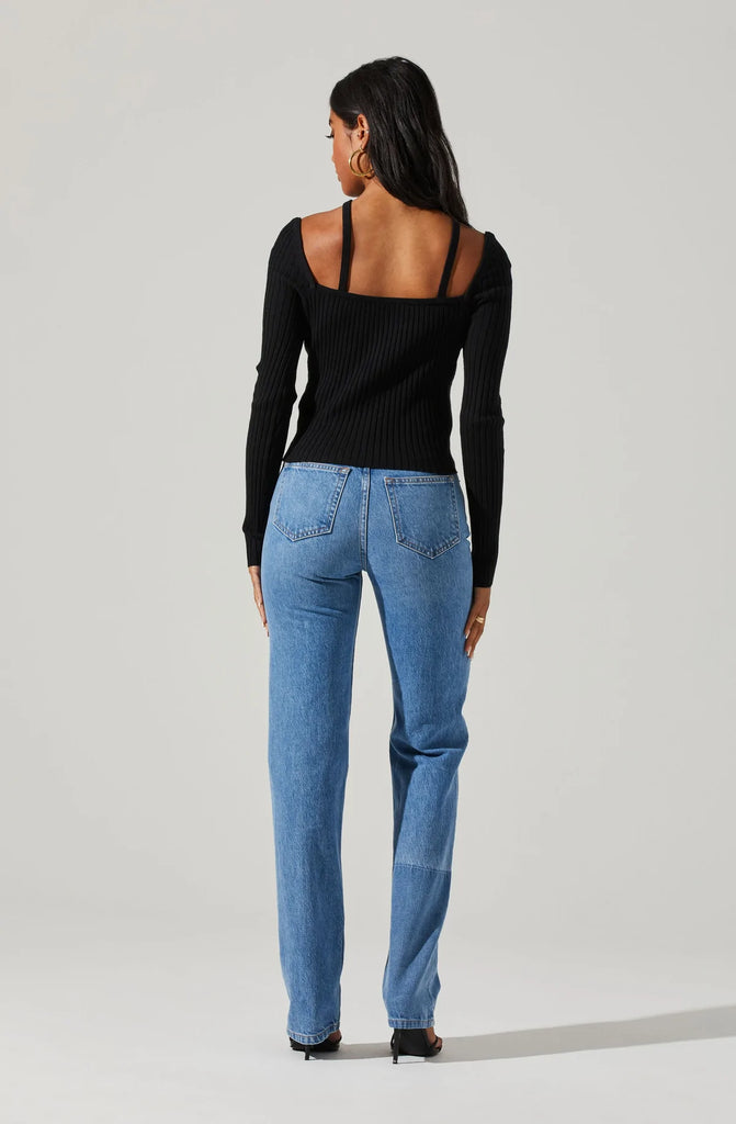 Back View - Black Criss Cross Long Sleeve Ribbed Sweater
