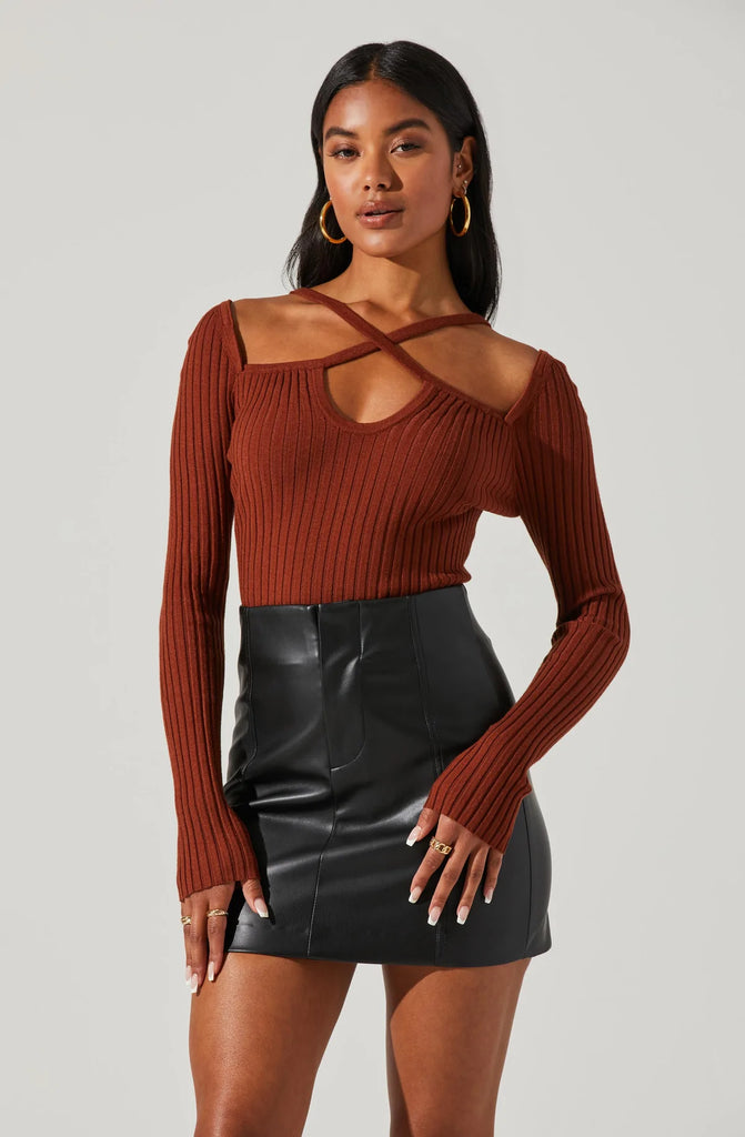 Rust Criss Cross Long Sleeve Ribbed Sweater