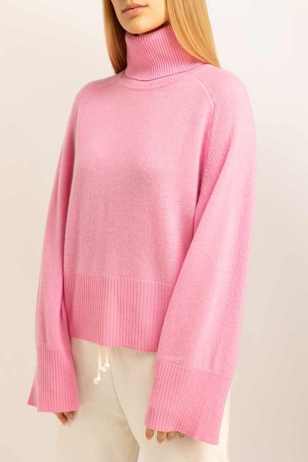 Side View - Candy Pink Bela Roll Neck Sweater