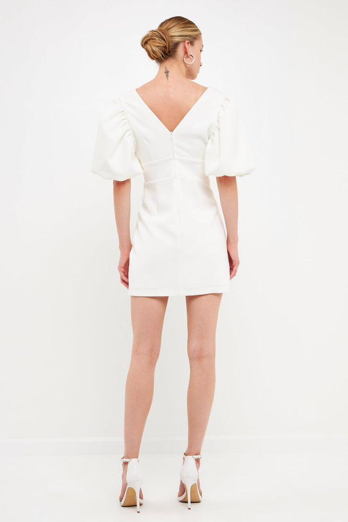 Back View - White Puff Sleeve Mini Dress