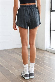 Back View - Dark Teal High Waisted Woven Shorts