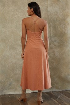 Back View - Terracotta Woven Cotton V Neck Spaghetti Strap with Keyhole Front Dress