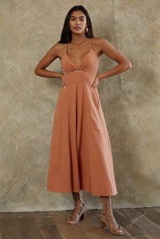 Terracotta Woven Cotton V Neck Spaghetti Strap with Keyhole Front Dress on Model