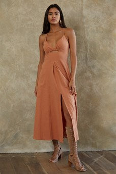 Terracotta Woven Cotton V Neck Spaghetti Strap with Keyhole Front Dress