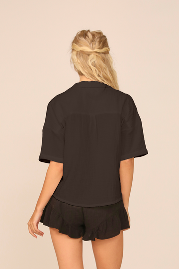 Back View - Black Gauze Short Sleeve Button Front Camp Shirt