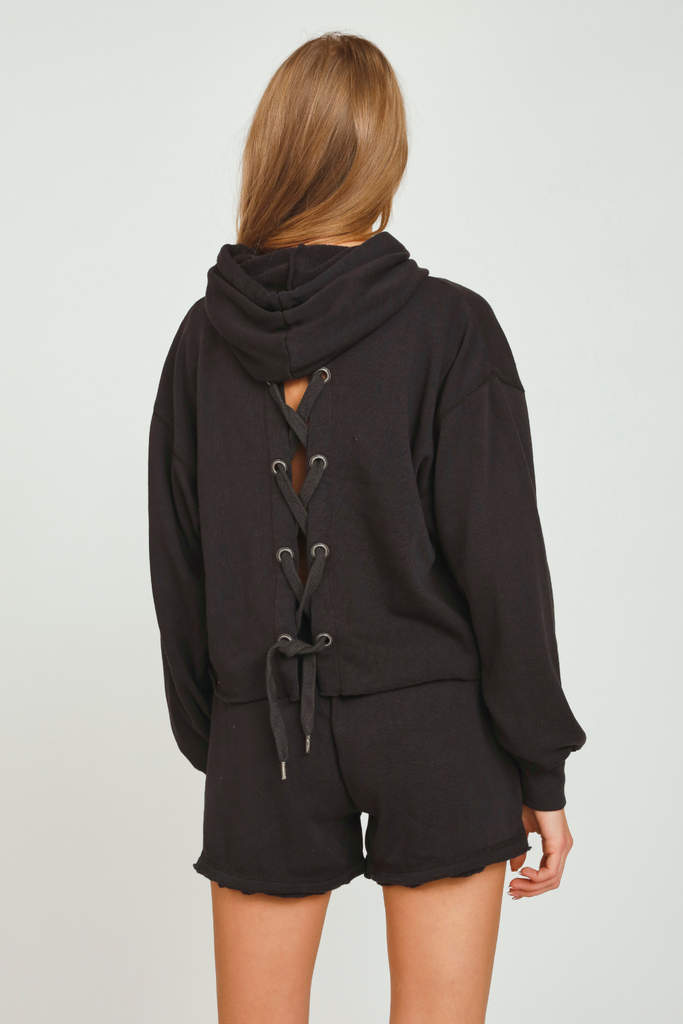 Back View - Black Cropped Lace-Up Back Hoodie