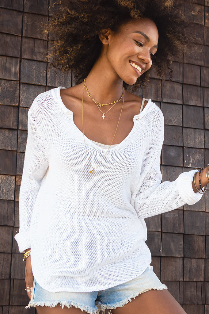 Breaker White Collared V Cotton Sweater