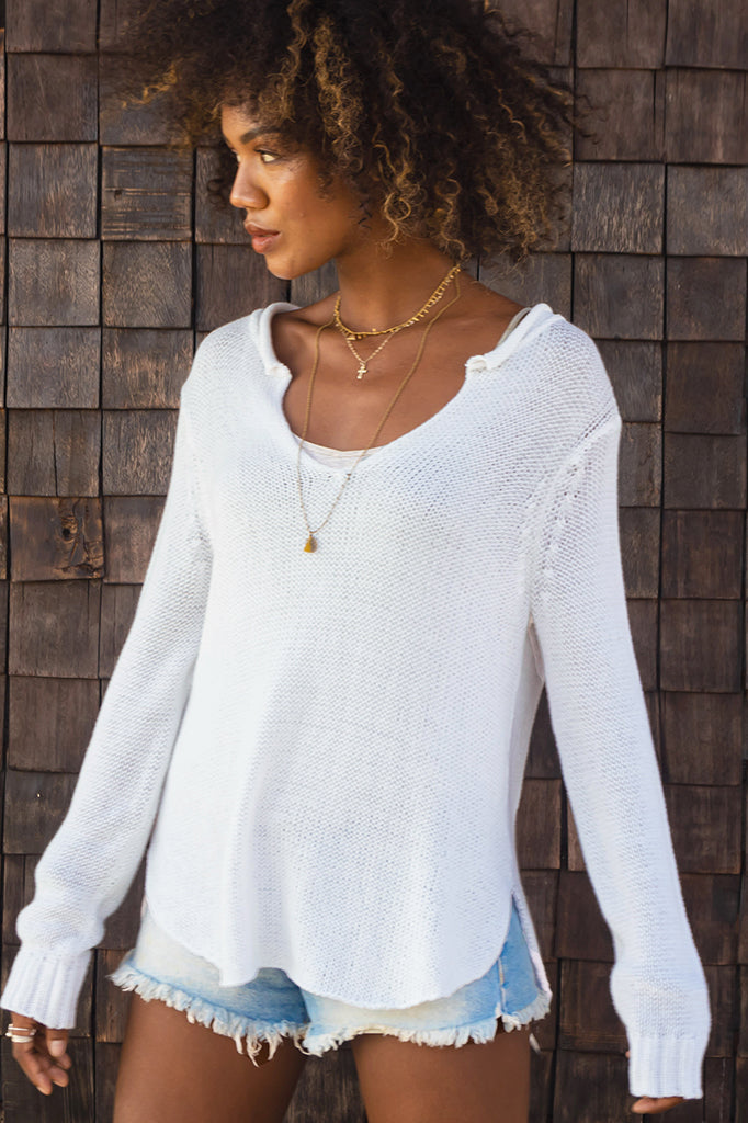 Breaker White Collared V Cotton Sweater on Model