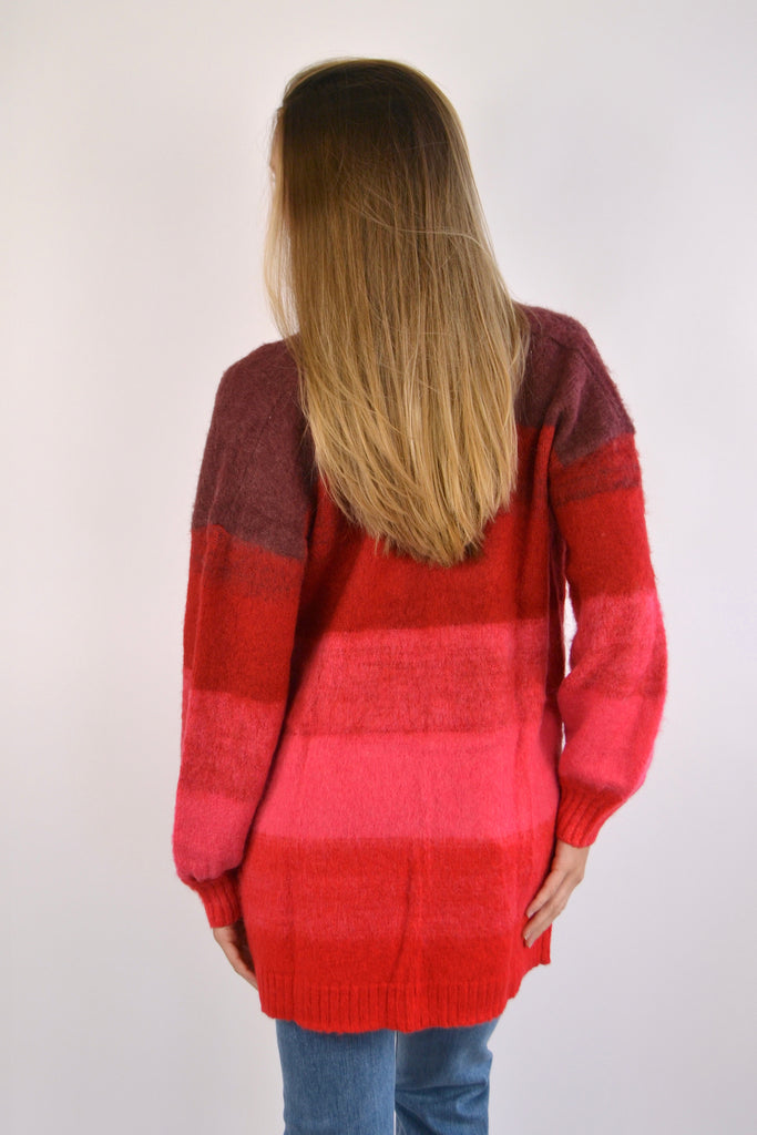 Back view of red cardigan