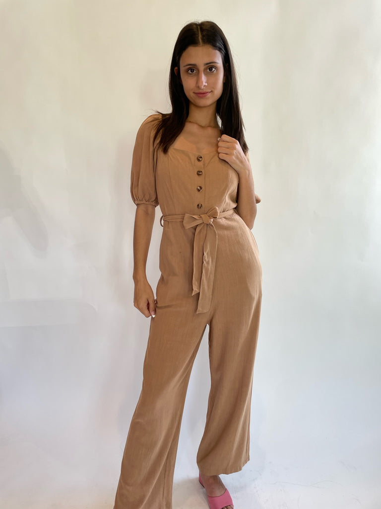 Front View - Janny Woven Jumpsuit Taupe
