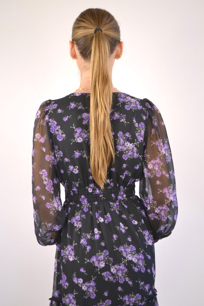 Back View - Garner LS Black Floral Dress