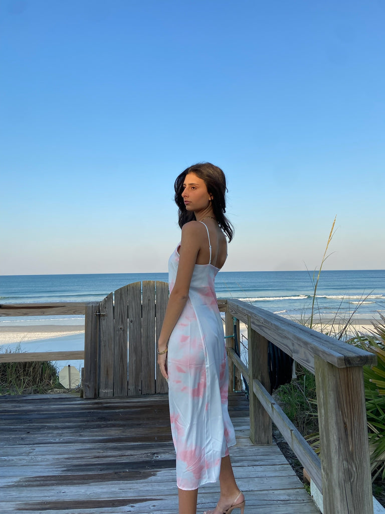 Back View - Rose Blue Tie Dye Satin Slip Dress