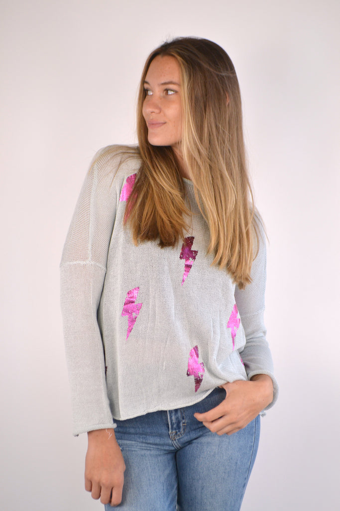 Grey & Pink Metallic Lighting Sweater with Jeans