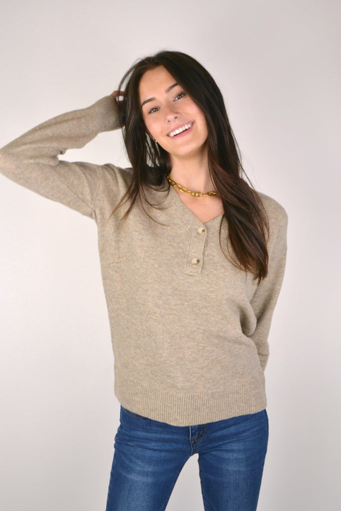Heather Mocha Henley Sweater with Jeans