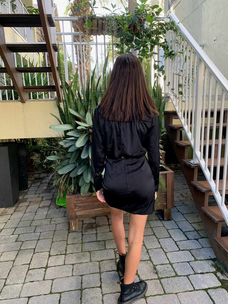 Back View - Collar Wrap Dress Black