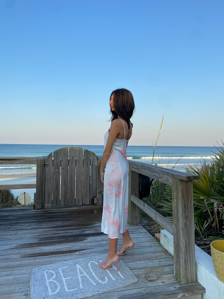 Side View - Rose Blue Tie Dye Satin Slip Dress