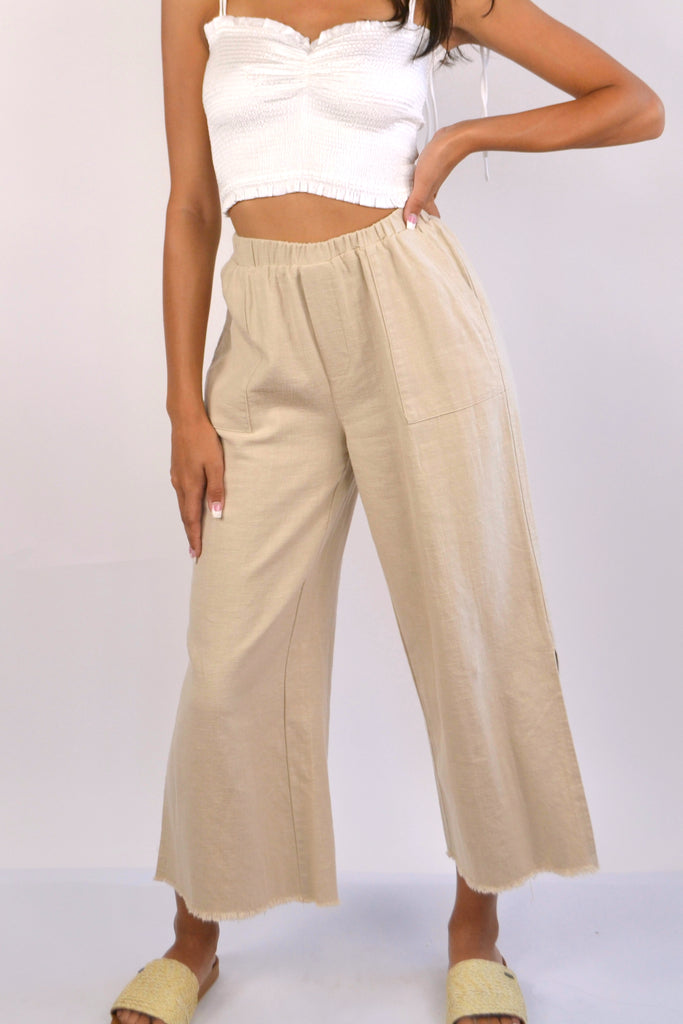 Natural Woven Linen Straight Wide Pants