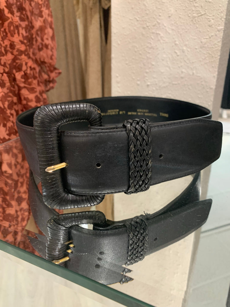 Vintage Black Leather Belt with Braided Square Buckle