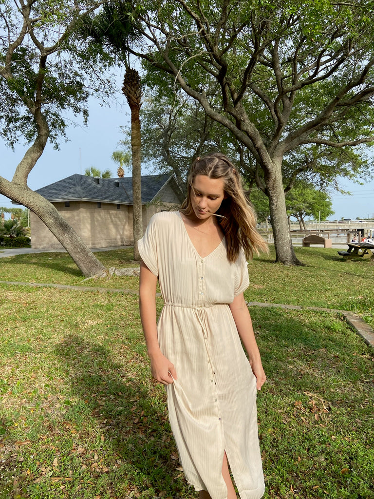 Button Down Beige Dress on Model in Park