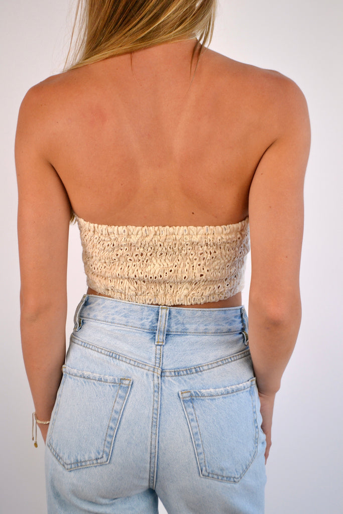 Back View - Natural Ivory Eyelet Strapless Twist Top