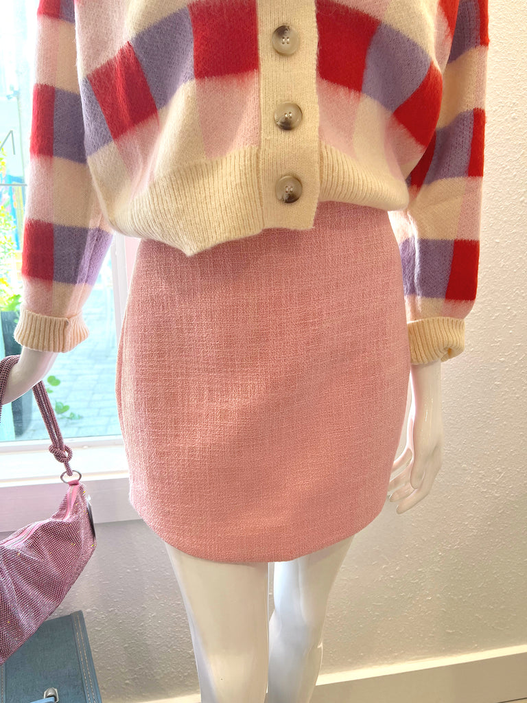 Pink Curved Tweed Mini Skirt