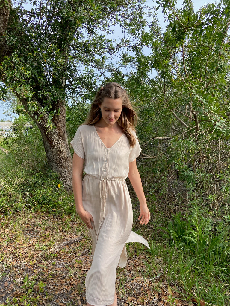 Model wearing Maxwell Button Down Beige Dress