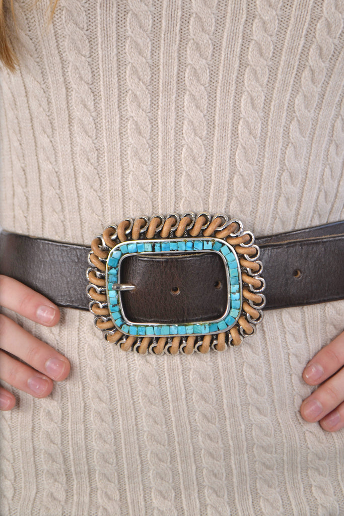 Vintage Streets Ahead Turquoise Nugget Leather Belt Buckle