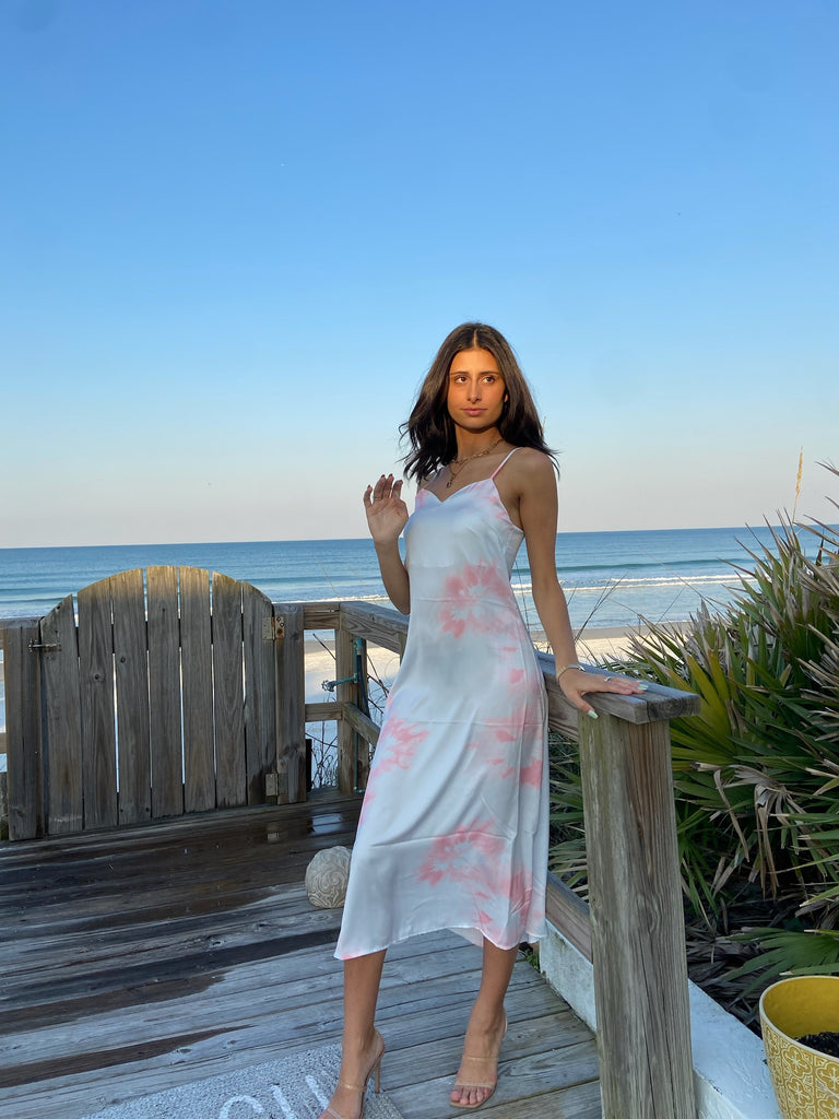 Rose Blue Tie Dye Satin Slip Dress