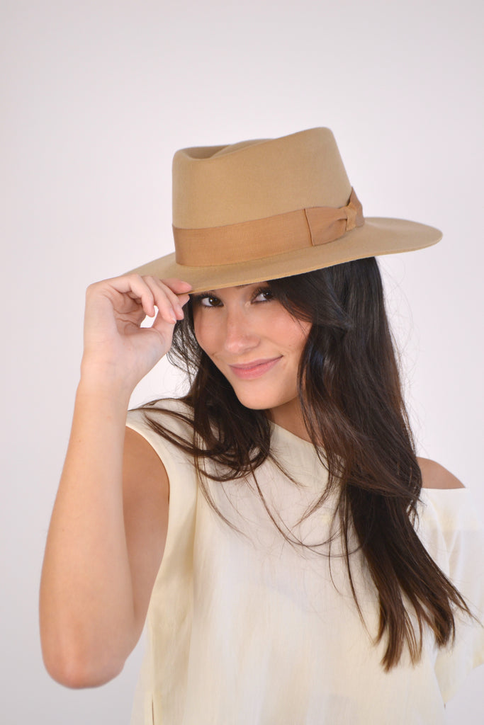 cute brown hat on model